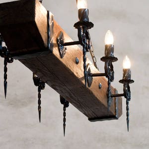 Wood beam and wrought iron chandelier - Six light chandelier - Rustic ceiling lights image 6