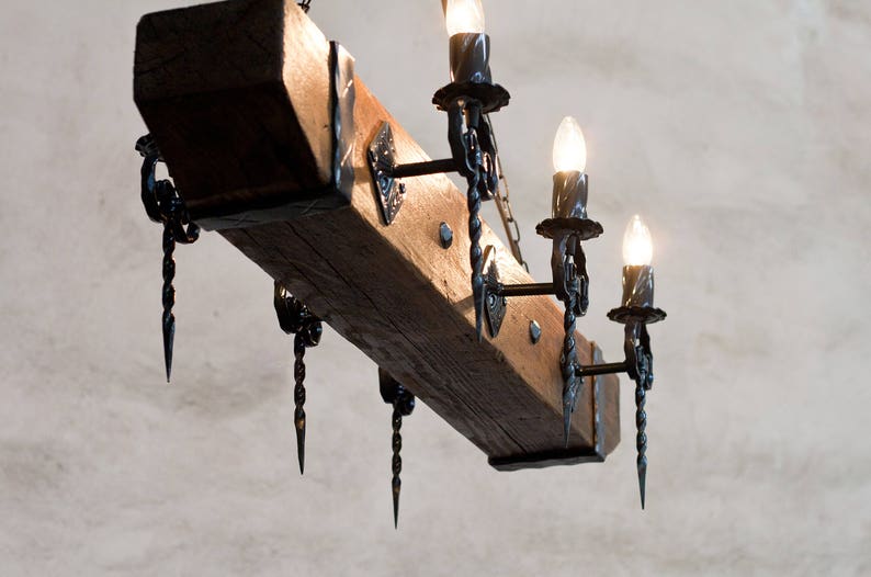 Wood beam and wrought iron chandelier - Six light chandelier - Rustic ceiling lights image 6