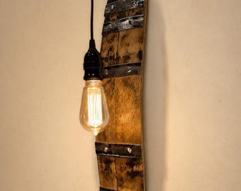 Rustic Whiskey Barrel Wall Sconce, Reclaimed Oak Farmhouse Lamp, Wine Cellar, Cabin Decor