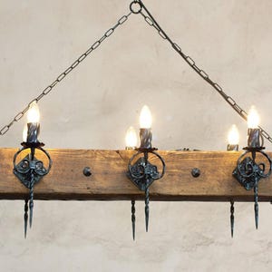 Wood beam and wrought iron chandelier - Six light chandelier - Rustic ceiling lights