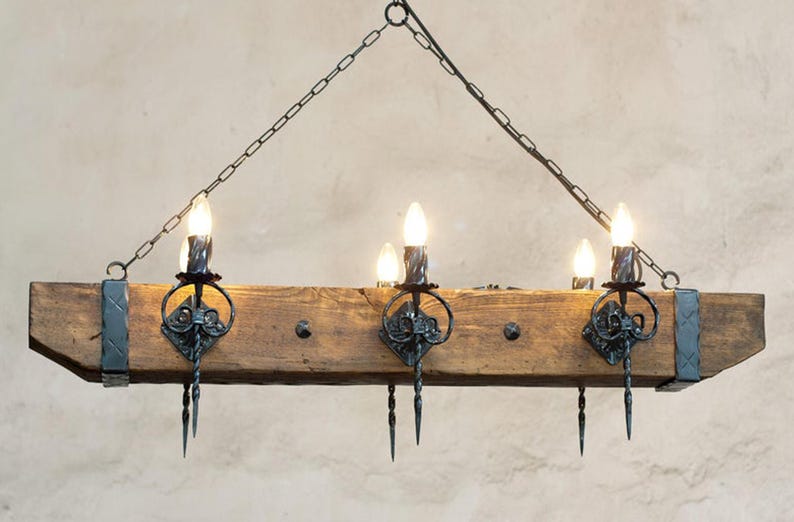 Wood beam and wrought iron chandelier - Six light chandelier - Rustic ceiling lights image 1