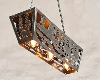 Rustic ceiling light - Wildlife pendant lights - Cabin lighting fixture - Chandelier bear themed