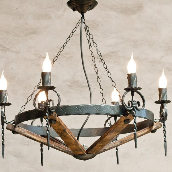 Wrought iron chandelier lights - Rustic chandelier - Chandelier lighting - Ceiling lights - Iron chandelier - Wood chandelier