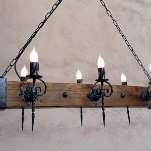 Wood beam and wrought iron chandelier - Six light chandelier - Rustic ceiling lights image 4