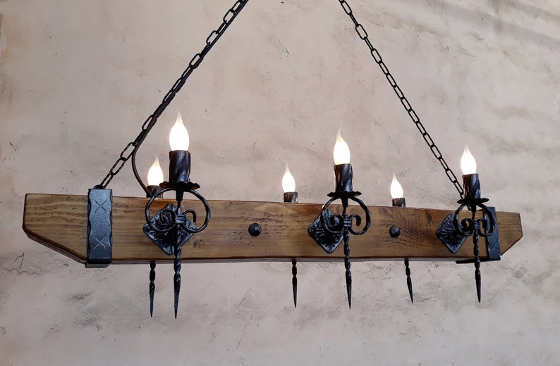 Wood beam and wrought iron chandelier - Six light chandelier - Rustic ceiling lights image 4