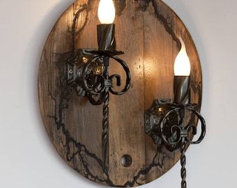 Wrought iron and wood wall light - Double sconce - Rustic wall fixture - Barrel lighting