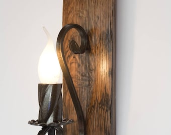 Rustic wall lamp - Wood and wrought iron sconce - Barrel Wall light