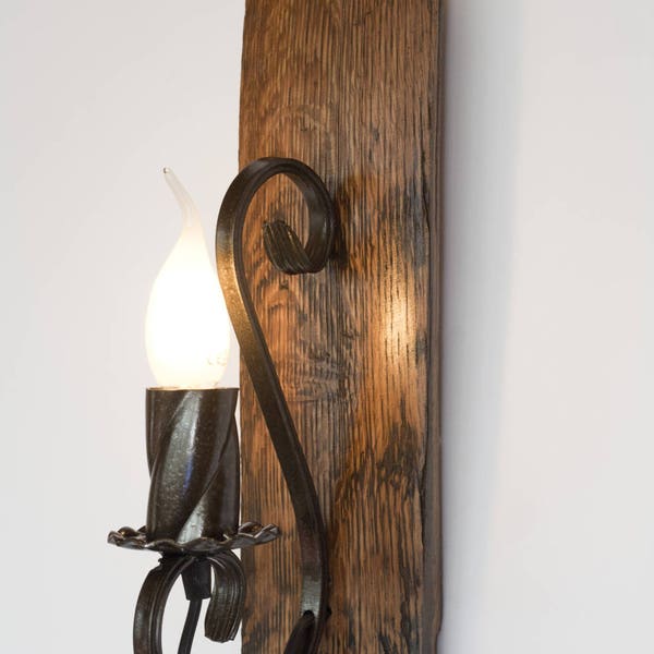Rustic wall lamp - Wood and wrought iron sconce - Barrel Wall light