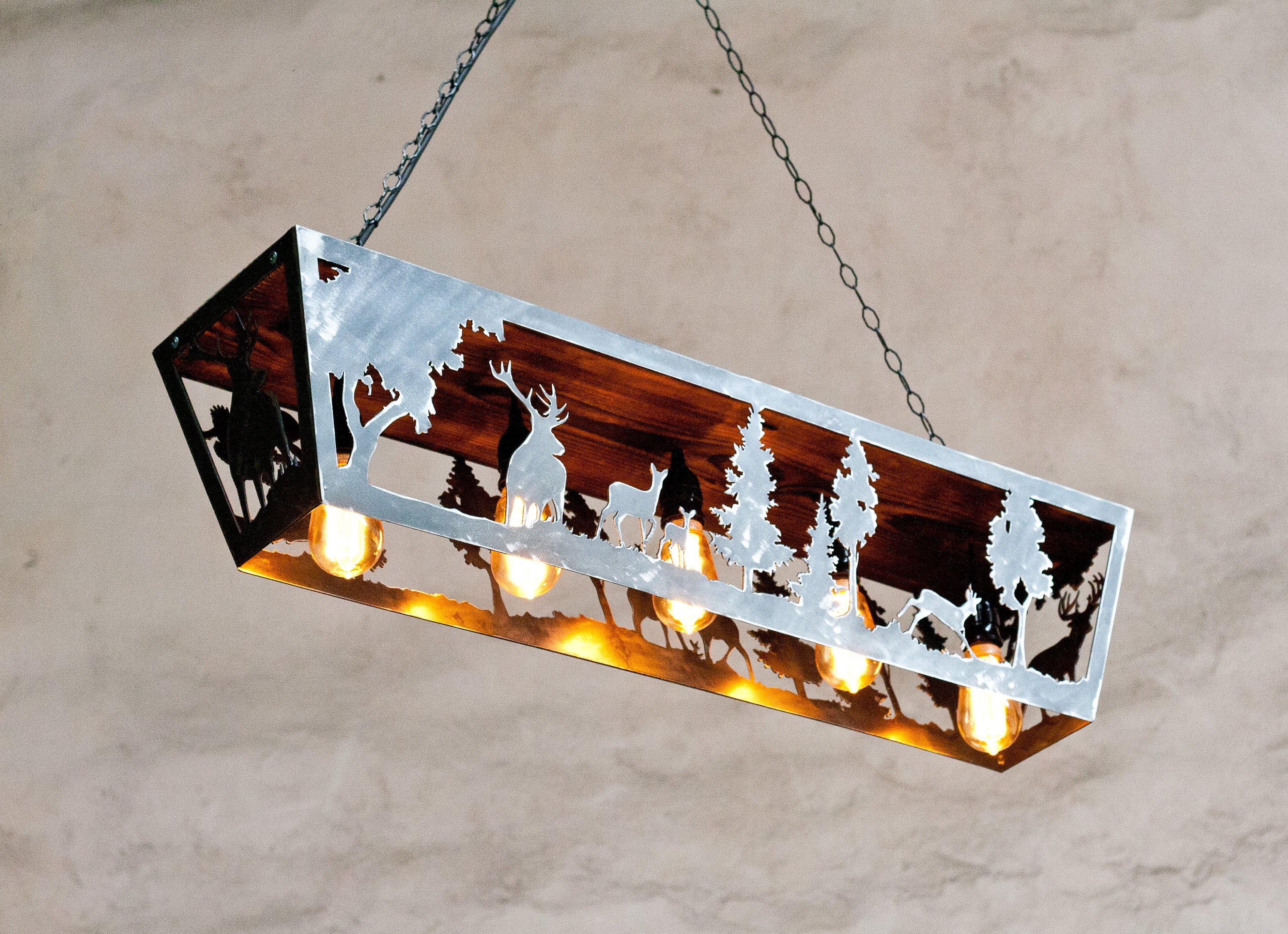 Rustic Deer Ceiling Light: Wildlife Pendant, Custom Steel & Wood
