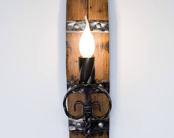 Barrel wall light - Rustic wall light - Wood and wrought iron sconce