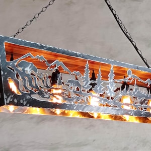 Ceiling light fixture - Bears fishing salmon - Cabin lighting - Log house chandelier