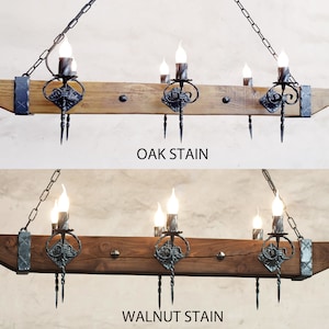 Wood beam and wrought iron chandelier - Six light chandelier - Rustic ceiling lights image 3
