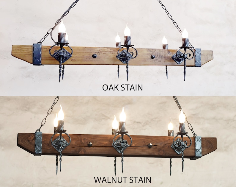Wood beam and wrought iron chandelier - Six light chandelier - Rustic ceiling lights image 3