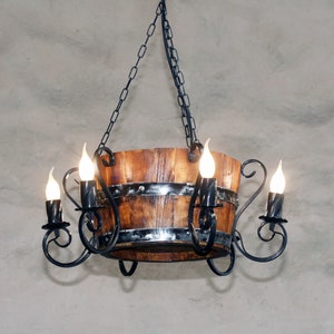 Wine barrel chandelier. Rustic ceiling light. 6 arms