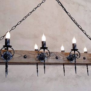 Chandelier Lighting - Wrought Iron Chandelier - Wood Chandelier - Rustic ceiling lights - Medieval Lighting - Beam Chandelier