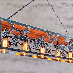 Rustic ceiling light. Cabin pendant light. Five light rustic light fixture. Custom lights. Pine cones