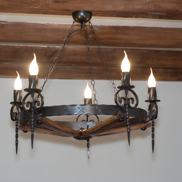 Rustic Chandelier: Reclaimed Wine Barrel & Wrought Iron Lighting