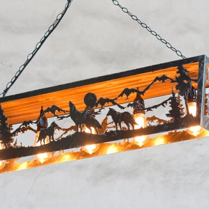 Wildlife pendant light. Five lights fixture. Cabin lights. Wolves image 3