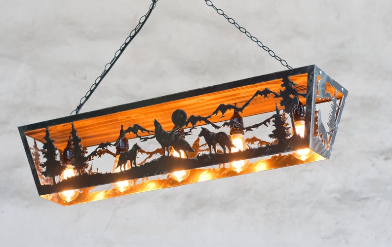 Wildlife pendant light. Five lights fixture. Cabin lights. Wolves image 3