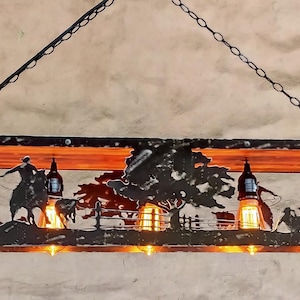 Western ceiling lights. Rustic light fixture. Cowboys and cattle