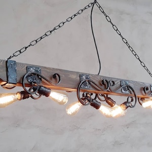Eight Light Chandelier lights, Wood beam and wrought iron lighting fixture