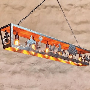 Rustic pendant light fixture, Western themed farmhouse chandelier, Dining table lights, 57 inches wide