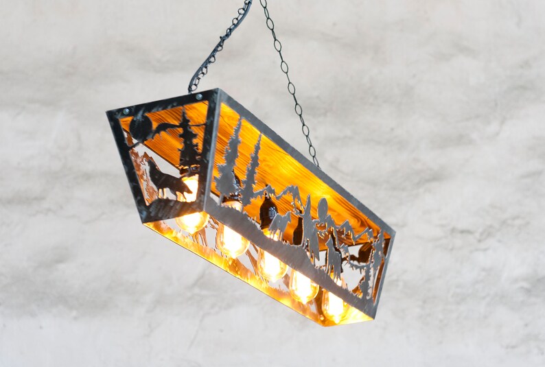 Wildlife pendant light. Five lights fixture. Cabin lights. Wolves image 5