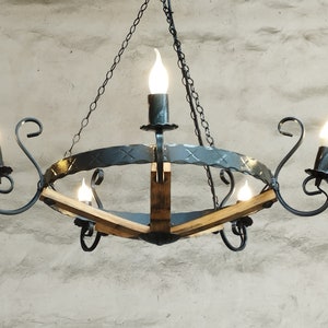 Wrought iron chandelier light - Rustic ceiling light - Wood and metal light fixture