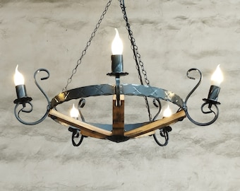 Wrought iron chandelier light - Rustic ceiling light - Wood and metal light fixture