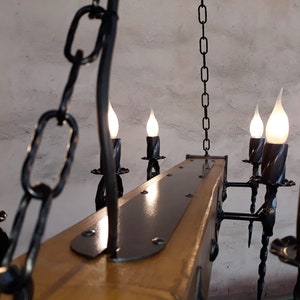 Wood beam and wrought iron chandelier - Six light chandelier - Rustic ceiling lights image 7