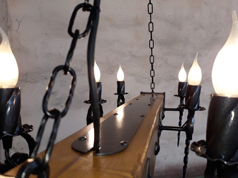 Wood beam and wrought iron chandelier - Six light chandelier - Rustic ceiling lights image 7