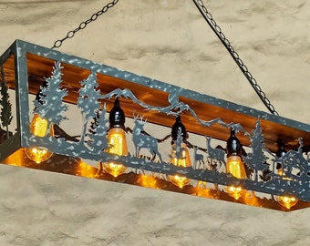 Cabin ceiling lights. Rustic light fixture. Deers and cabin theme.