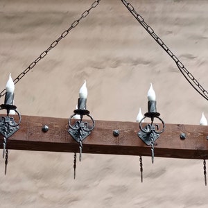 Chandelier Lighting - Wood and wrought iron chandelier - Rustic ceiling lights - Medieval Lighting - Wood Beam Chandelier