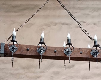 Chandelier Lighting - Wood and wrought iron chandelier - Rustic ceiling lights - Medieval Lighting - Wood Beam Chandelier