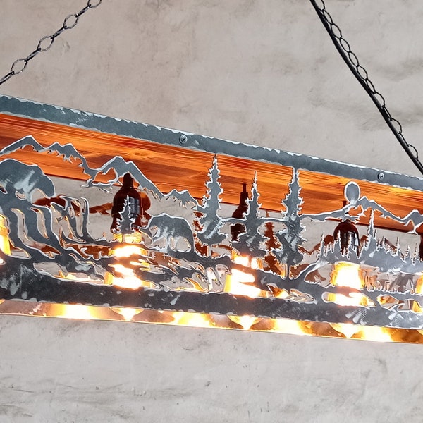 Luminaires de cabane - Plafonnier - Ours pêchant le saumon - Éclairage de cabane - Lustre de maison en rondins