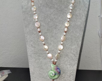 Pearl And Glass Fossil Shell Pendant