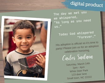 Adoption Celebration Invitation: 5x7 photo card, The Day We Met You, Green, Editable Canva Template
