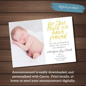 Cartão com foto personalizado para anúncio de adoção, Por esta criança oramos, Modelo canva editável 5x7, anúncio de bebê, modelo canva