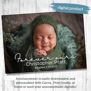 Cartão de foto de anúncio de adoção personalizado: Forever Ours, modelo editável, download digital Celebração de adoção, anúncio de bebê