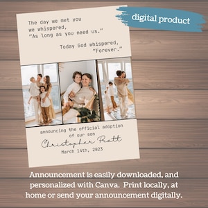 Anúncio de adoção personalizado com foto: Anúncio de adoção com foto 5x7, O dia em que te conhecemos, Modelo Canva editável, Anúncio de bebê