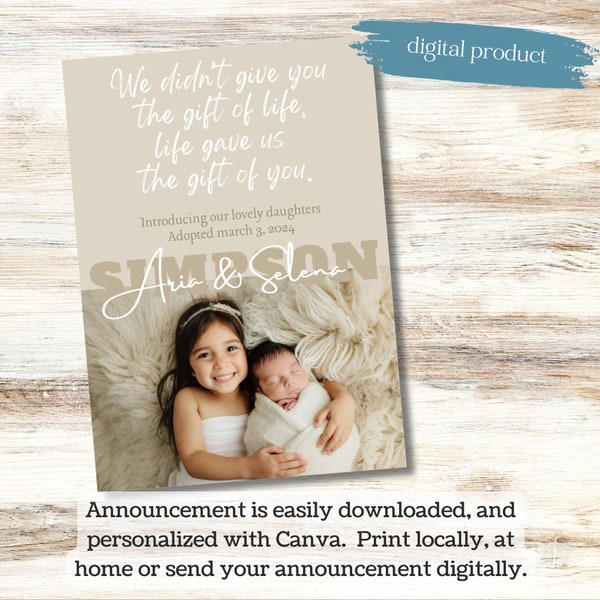 Adoption Announcement 5x7 Photo Card: We didn't give you the gift of life, life gave us the gift of you, Canva Template, Digital Download
