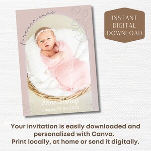 Cartão de foto personalizado de anúncio de adoção 5x7: Forever Ours, modelo editável do Canva, download digital, celebração de adoção