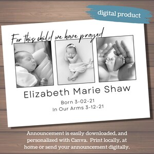 Anúncio de adoção personalizado: Por esta criança nós oramos, cartão de foto 5x7, modelo Canva editável, celebração de adoção. Para imprimir