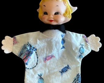 Vintage Hand Puppet Rubber Vinyl Head Dutch Swiss Girl Handmade 1950s Cloth Body