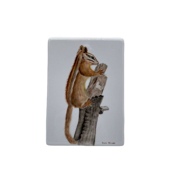 Hand Painted Artist Signed Chipmunk Ceramic Tile Erma Kruger 7x5" Art Squirrel