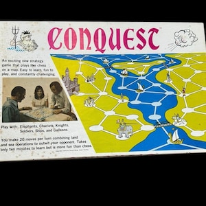 May include: Vintage "Conquest" board game box. The box features a game board with a yellow and blue map design, illustrations of ships, and the word "CONQUEST" in pink. The box also includes text describing the game.