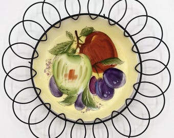 Vintage Hand Painted Fruit Plate 7.25" Apple Dish Black Wire Scroll Frame Japan