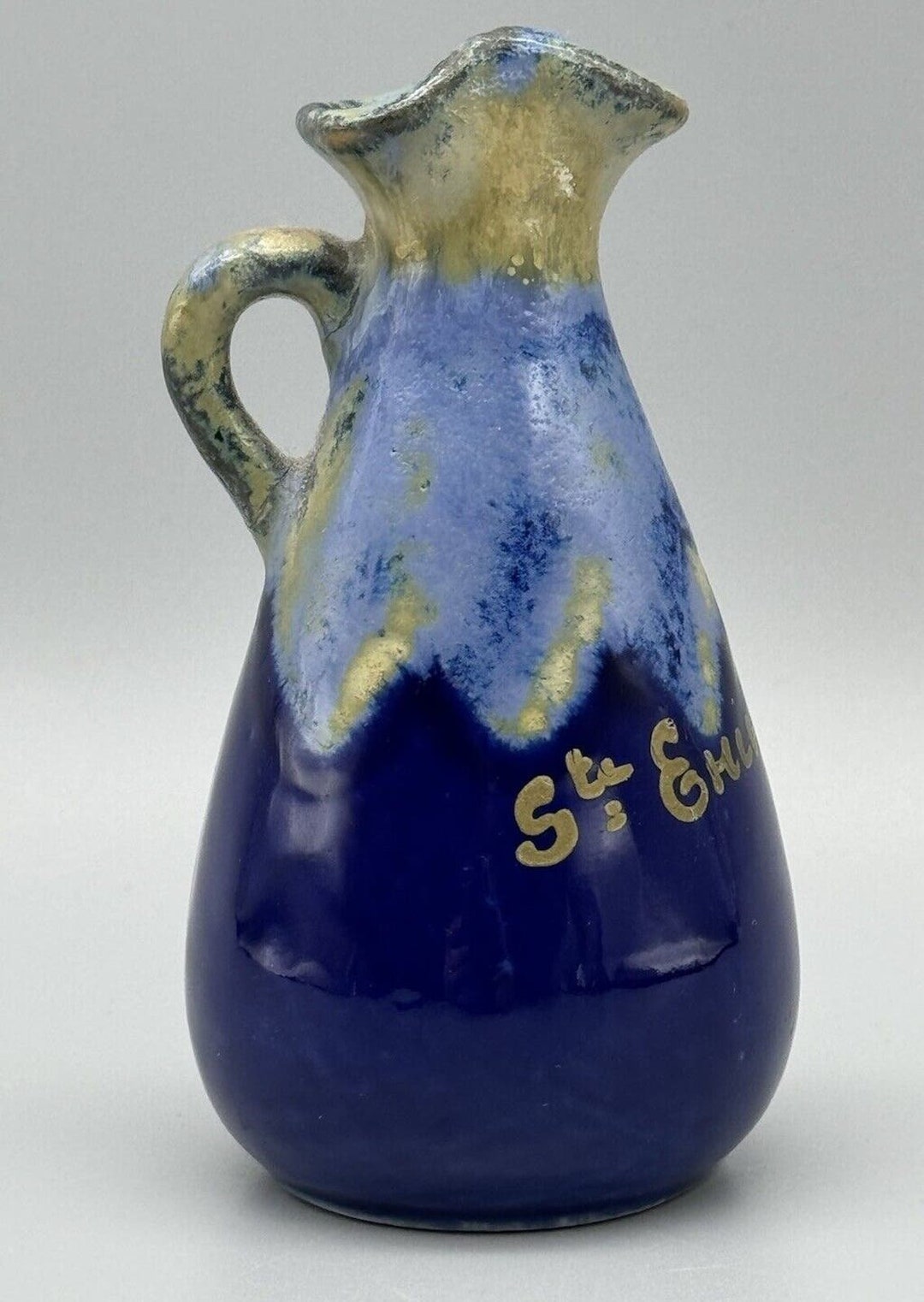 Vintage Miniature Drip Glaze Pottery Pitcher Vase Blue 4" Signed Jug ...