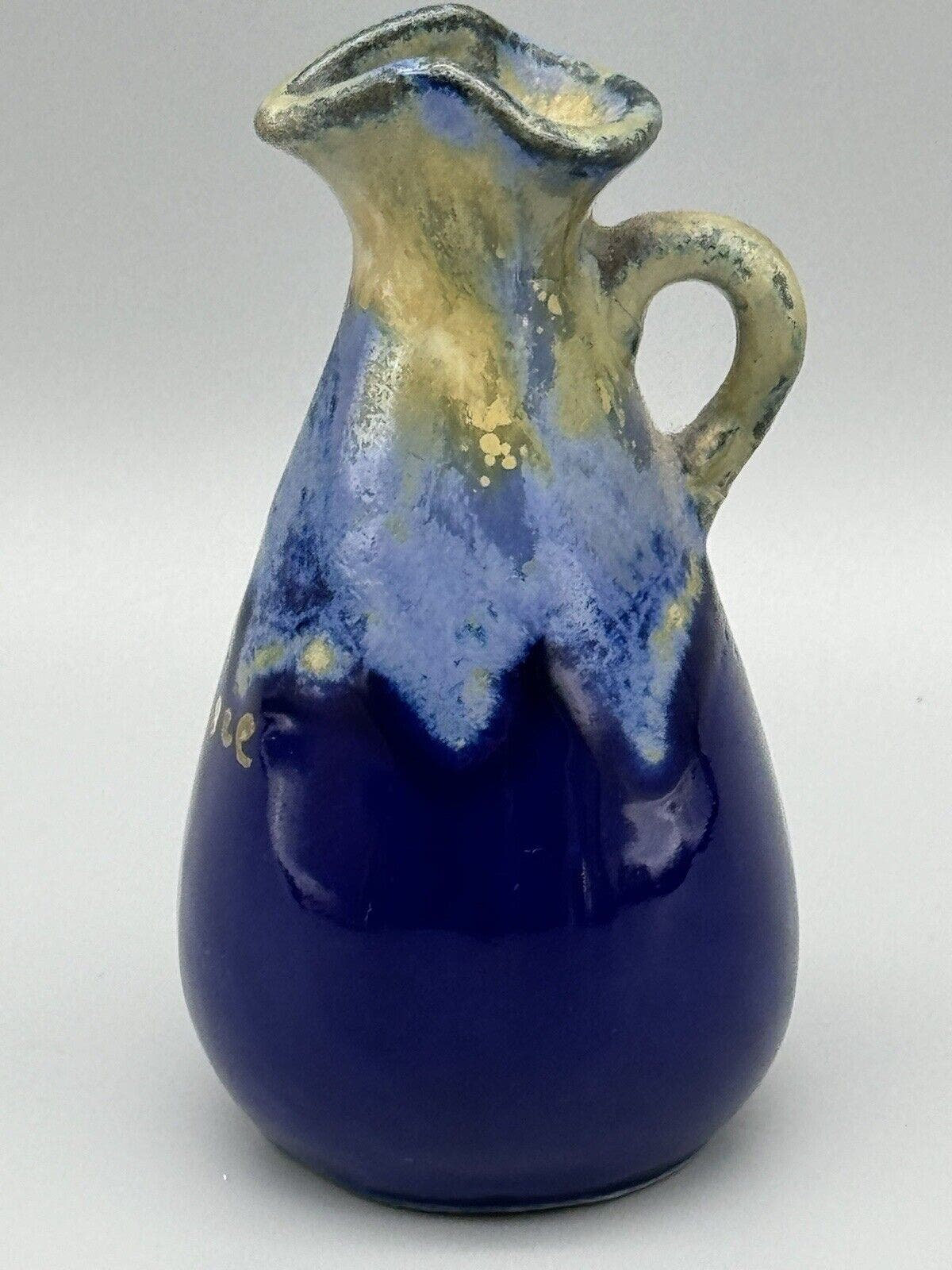 Vintage Miniature Drip Glaze Pottery Pitcher Vase Blue 4" Signed Jug ...