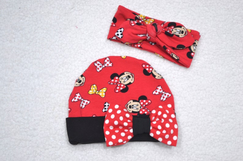 Baby Shower Gift Newborn Set Top Knot Headband Beanie Hat Set Disney Set Baby Girl Set Minnie Mouse Set